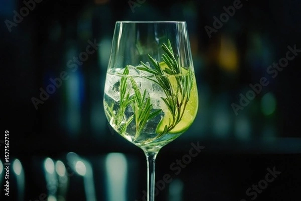 Fototapeta Elegant cocktail with rosemary, lime slices and ice in wine glass on dark background, refreshing drink.