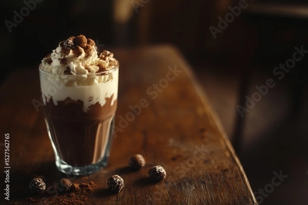 Fototapeta Glass of hot chocolate with whipped cream, cocoa powder and truffles on wooden table in warm light.