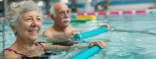 Fototapeta Cheerful elderly couple in indoor pool exercising with foam noodles during water fitness routine. Concept of sport, competition, aqua, health, longevity, and low-impact training.