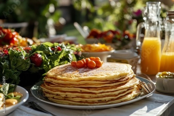 Fototapeta Stack of pancakes topped with yellow cherry tomatoes surrounded by fresh salad and juice on table.