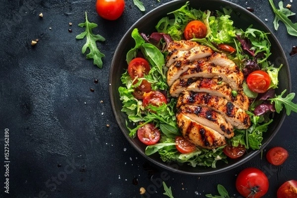 Fototapeta Grilled chicken breast sliced on fresh green salad with cherry tomatoes served in black bowl on table.