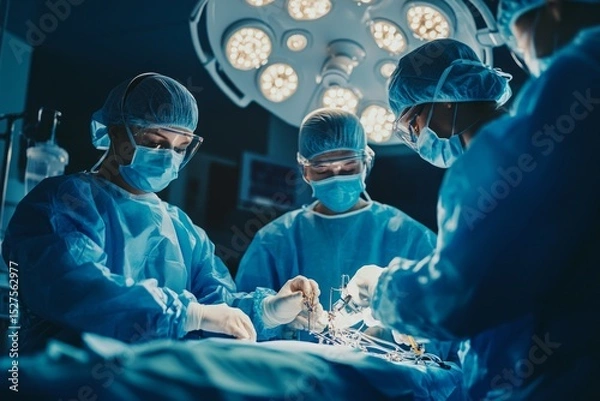 Fototapeta Team of surgeons in operating room performing surgery under bright lights, wearing masks and scrubs.
