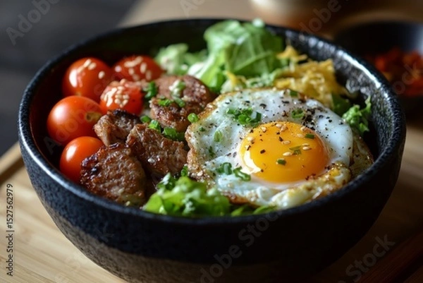 Fototapeta Bowl of grilled meat, fried egg, cherry tomatoes, lettuce and rice, topped with herbs and sesame seeds.