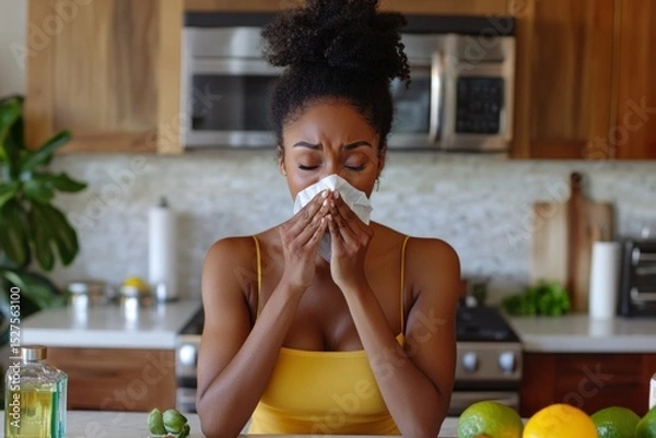 Fototapeta Woman sneezing into a tissue in a kitchen setting, surrounded by natural cold remedies like lemon.
