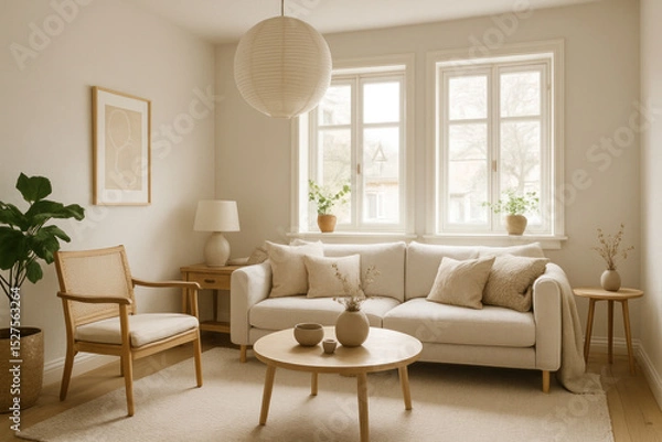 Obraz White living room with a modern white couch, colorful pillows, wooden coffee table, and large potted plants, creating a fresh and inviting atmosphere.