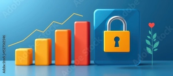 Fototapeta Safety financial progress concept. Growth chart with a lock symbolizing security in data or financial contexts.