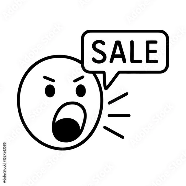 Obraz Shouting face with SALE speech bubble representing loud promotion – outline icon
