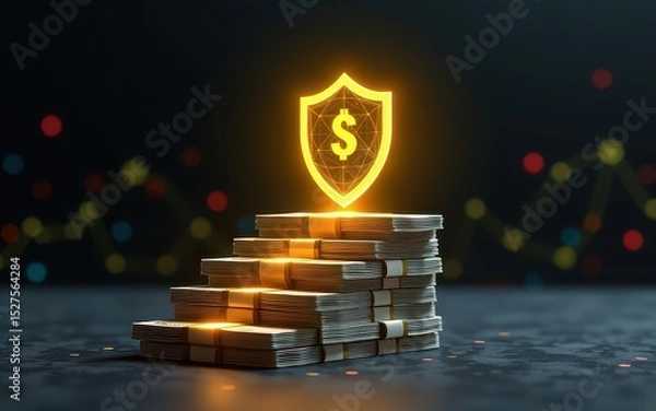 Fototapeta Safety financial progress concept. Digital representation of money stacks with a shield symbolizing security and finance.