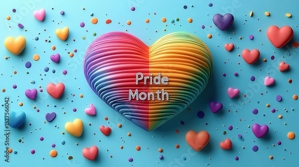 Fototapeta layered rainbow heart with Pride Month text surrounded by colorful hearts and confetti on a blue background Generative AI
