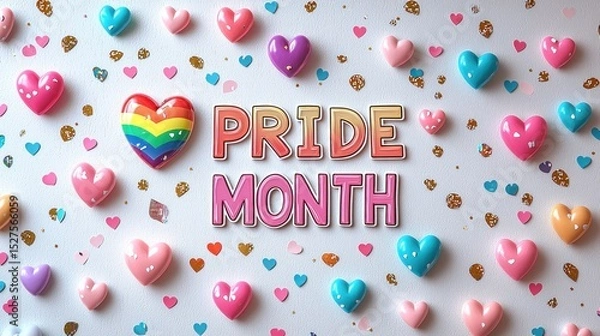 Fototapeta Colorful hearts and confetti with Pride Month text in rainbow and pink tones on a white background Generative AI