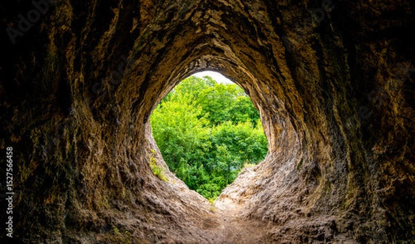 Fototapeta Wide angle view from a limestone cave into the green countryside with fresh foliage. The "Gruermannshohle" cave in the "Pater und Nonne" rock formation in lserlohn. Light at the end of the tunnel.