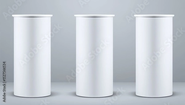 Fototapeta Three blank cylindrical containers against a neutral background
