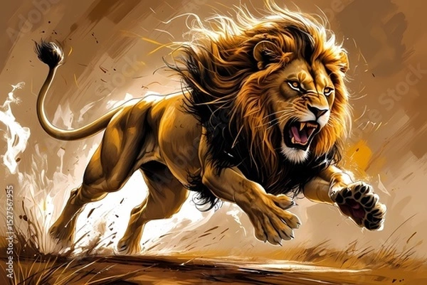 Fototapeta The Lion is jumped in air in angry.