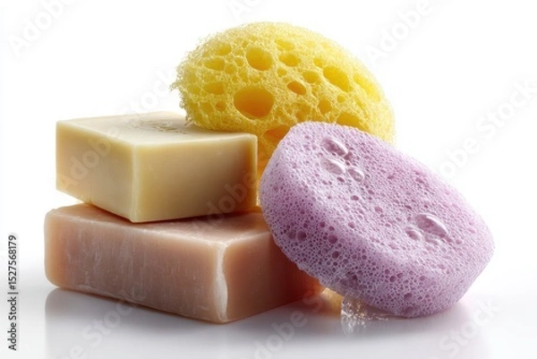 Obraz Bar of soap and sponge set on white