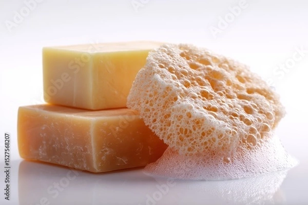 Obraz Bar of soap and sponge set on white