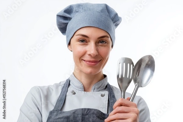 Obraz Female chef in uniform holding kitchen tools on white background