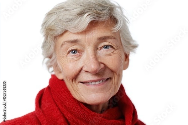 Obraz Portrait of elderly woman smiling warmly on white backdrop