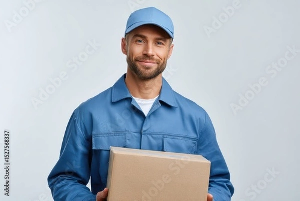 Obraz Delivery man holding cardboard box in uniform on white background