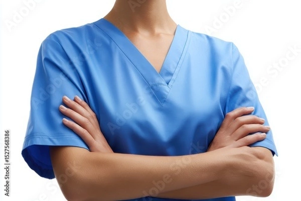 Obraz Nurse in scrubs crossing arms on white background