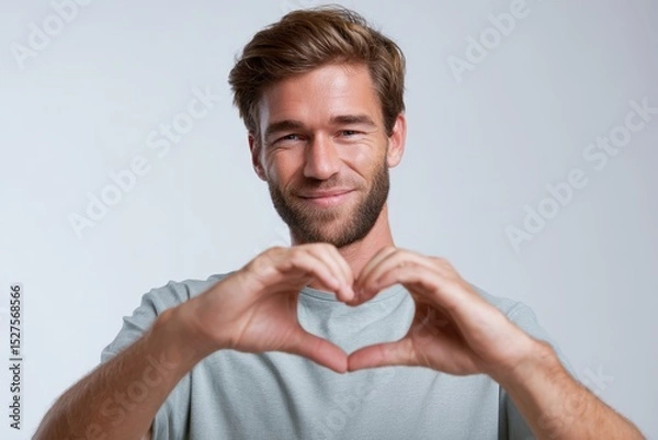 Obraz Man showing heart symbol with hands on white studio background
