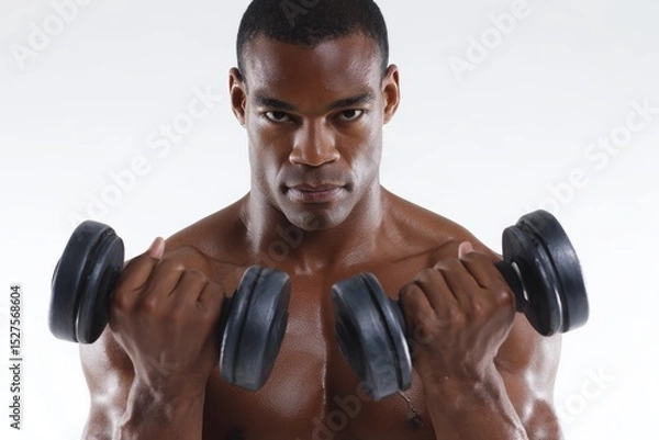Obraz Fitness trainer showing dumbbell curl technique on white