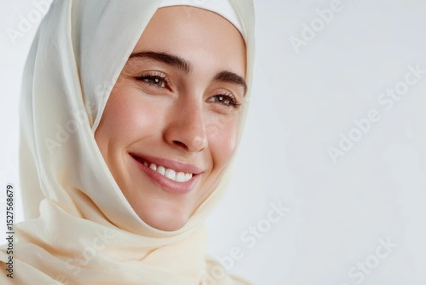 Obraz Muslim woman in hijab smiling on white background