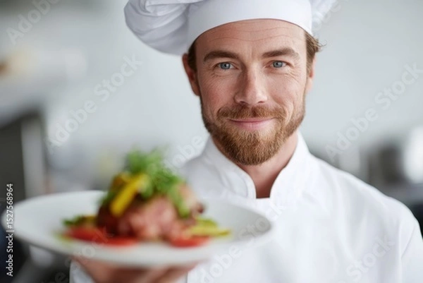 Obraz Chef holding plate of food and looking proud
