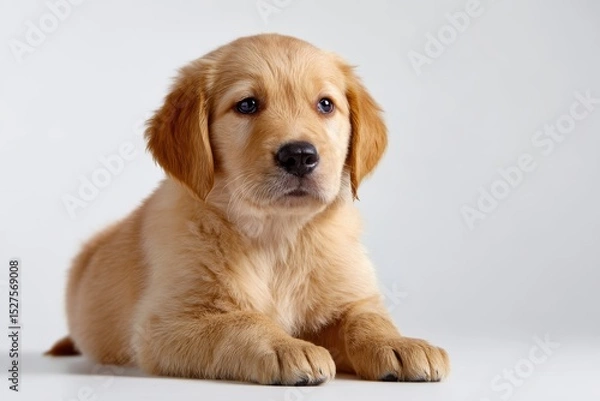 Obraz Cute golden retriever puppy sitting on white background