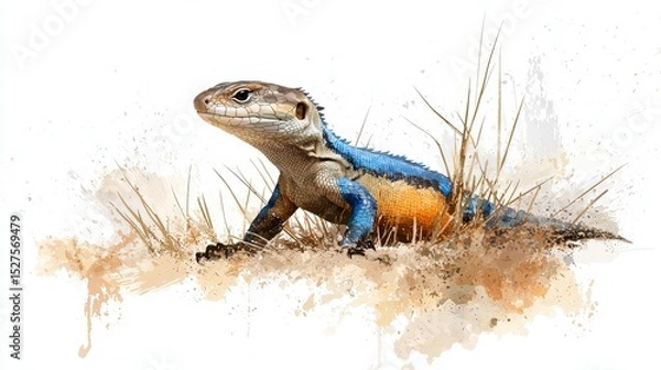 Obraz Colorful Lizard Watercolor: A striking watercolor painting of a vibrant lizard resting among dry grasses.