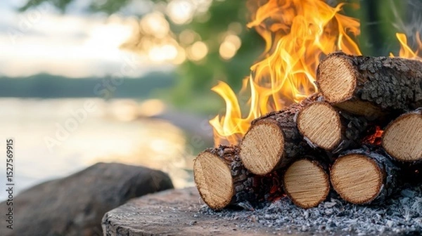 Obraz Cozy Campfire: A close-up shot of a campfire burning brightly, showcasing the raw beauty of flames dancing above a stack of wood, against a backdrop of serene water and lush greenery.