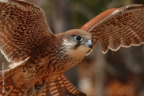 Obraz Close-Up of a Falcon in Flight with Outstretched Wings and Focused Gaze Demonstrates the Bird’s Natural Precision, Strength, and Mastery of Aerial Hunting in the Wild Open Sky
