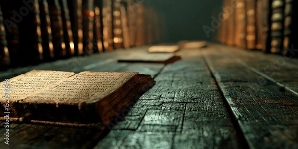 Obraz Journey into the Literary Realm: An evocative image of aged tomes and open books beckons, a metaphor for learning, knowledge, and the beauty of scholarship