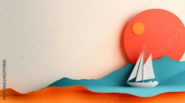 Obraz Seascape Sail: A paper-cut seascape with a sailing boat, sun, and ocean. It is a visually appealing and artistic illustration of a peaceful scene.