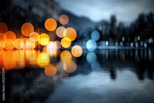 Obraz Night Lights Reflection: Captivating bokeh lights reflected on a calm water surface at night, creating a dreamy and serene atmosphere.