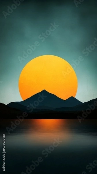 Obraz Sunset Symphony: A majestic sunset casts a golden glow over a tranquil mountain range, reflecting serenely in the calm lake, evoking a sense of peace and natural wonder.