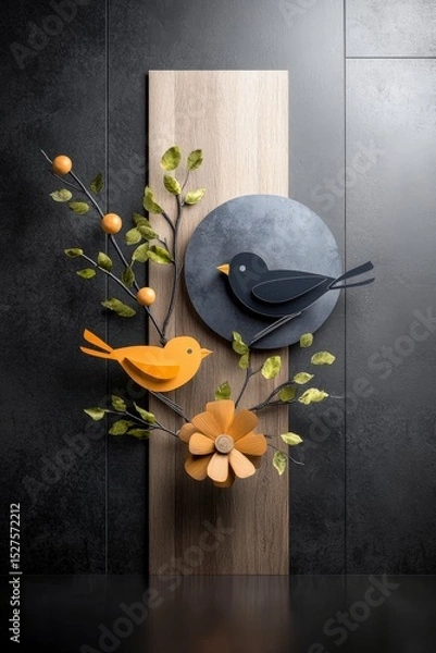 Obraz Artistic Bird Duo: Decorative wooden artwork featuring a stylized pair of birds perched among floral accents and a dark backdrop, offering a sense of artistic elegance and modern design.