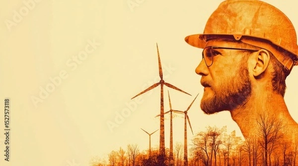 Obraz Innovation's Advocate: A determined individual, an architect, gazes confidently towards wind turbines. a symbol of progressive energy and sustainable design.