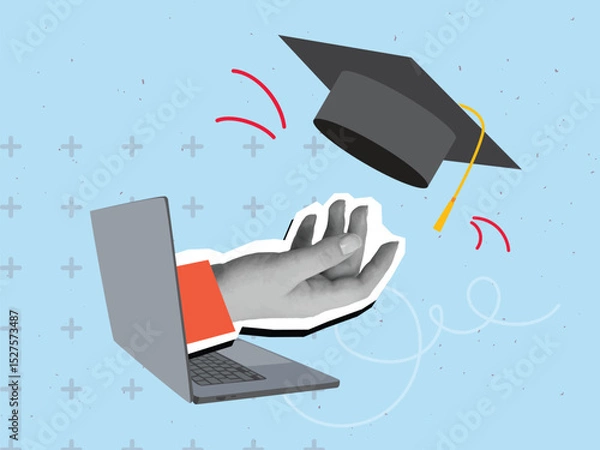 Fototapeta Black and white hand extending from laptop screen tosses college cap. Degree ceremony concept. Online education. Modern collage style. Vector illustration