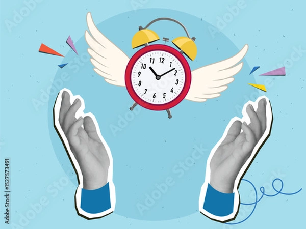 Fototapeta Hands with a red classic alarm clock flying on wings. Modern collage style. Vector illustration