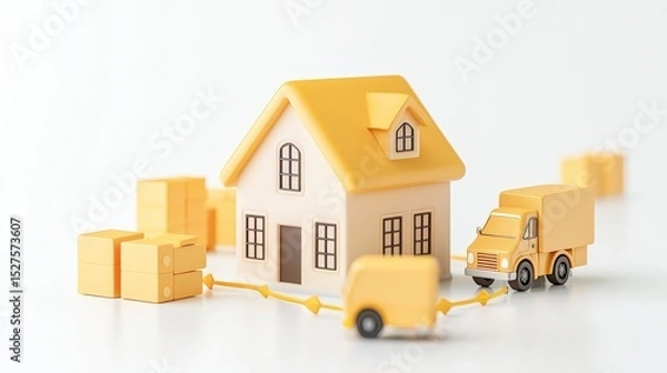 Obraz Delivery Service Illustration: An evocative illustration captures the essence of seamless delivery service, showcasing a miniature house and delivery trucks. Boxes form a chain.