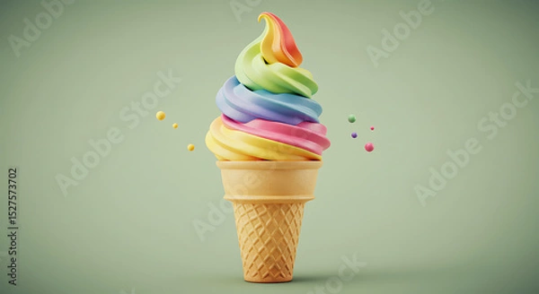 Fototapeta Rainbow Swirl Soft Serve Ice Cream Cone A Delightful Summer Treat