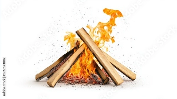 Obraz Campfire on White: A vibrant bonfire crackles with intense flames, logs burning brightly against a stark white backdrop, creating a striking contrast.