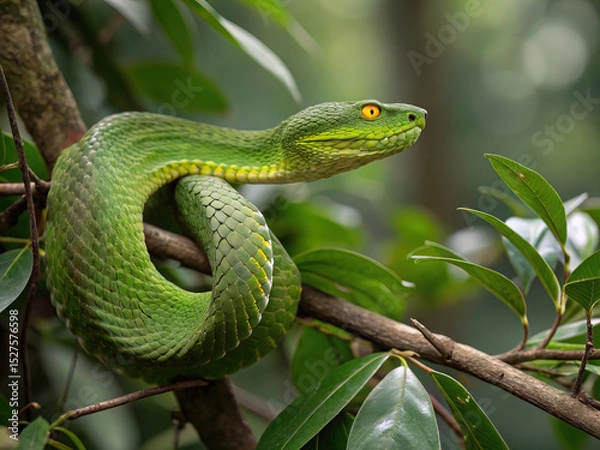 Fototapeta Green Viper Snake Coiled on Branch with Yellow Eyes Staring