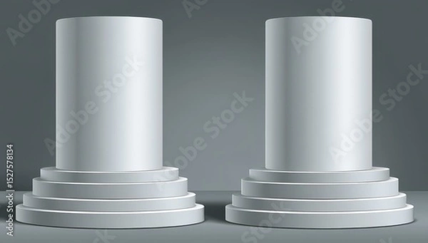 Fototapeta Two light gray cylindrical columns on tiered circular bases