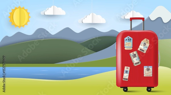 Fototapeta Red suitcase decorated with international airport tags standing in front of a beautiful landscape with hills, lake, and sun in flat paper cut style. Travel suitcase in nature. Vacation luggage vector