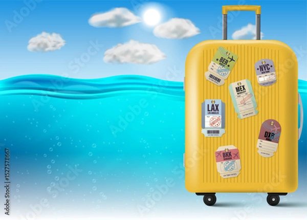 Fototapeta Travel concept with a stylish suitcase adorned with location labels, placed on a dreamy tropical beach with blue sky and ocean. Perfect image for travel, tourism, and vacation concepts.