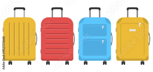 Fototapeta Collection of colorful wheeled suitcases, symbolizing air travel, holidays, and tourism in a flat design style. Perfect for vacation, luggage, airport, and journey concepts in graphic projects or