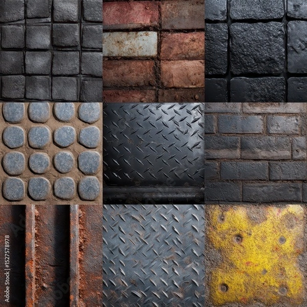 Fototapeta Nine textured paving and metal surfaces
