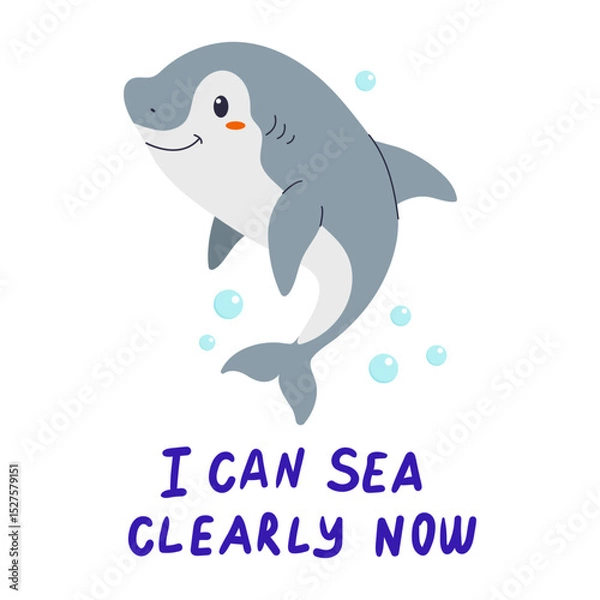 Fototapeta Cute cartoon shark illustration with playful text illustrating a pun about clarity and vision in an ocean setting