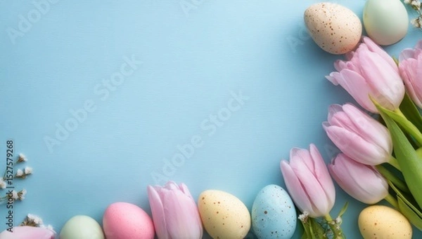Fototapeta Pastel Easter eggs and tulips on a light blue background